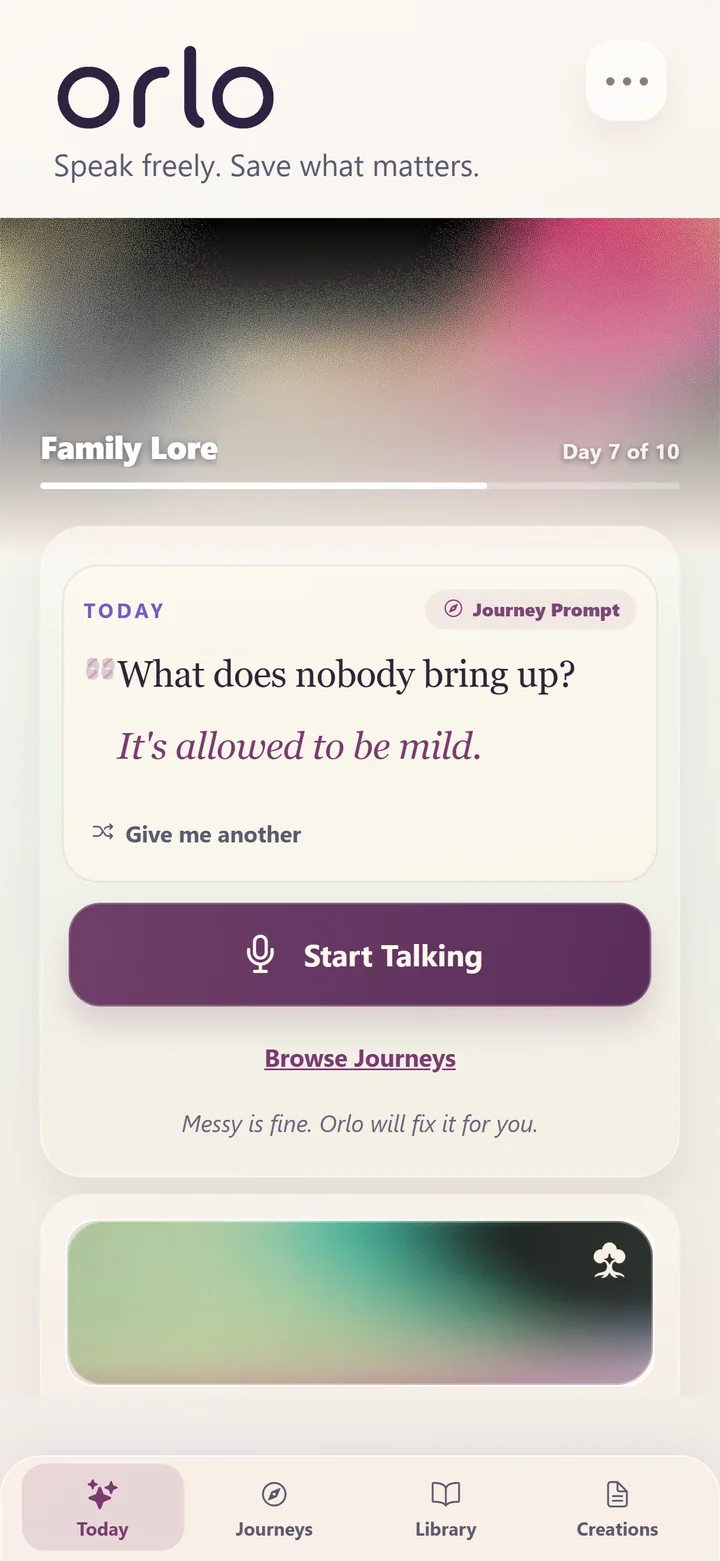 Orlo Today screen with a thoughtful daily prompt and Start Talking button